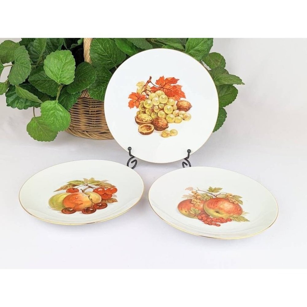 Set of 3 White Porcelain Collectible Plates | Autumn Harvest Fall Apples Grapes